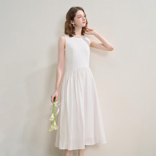 珍珠领高级感小白裙女夏季无袖气质通勤百搭连衣裙长裙V1450966 商品图4