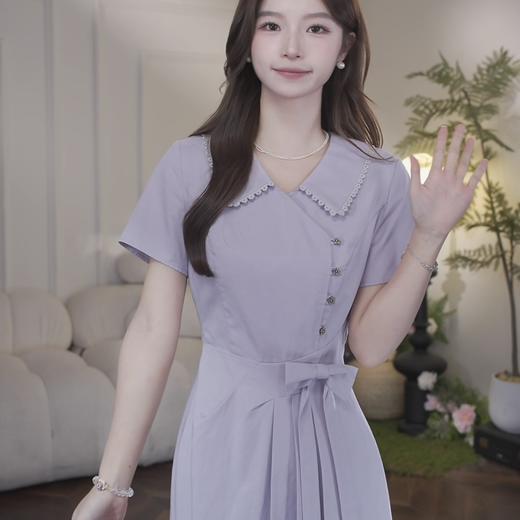 鹿向南「紫陌轻织」紫色法式连衣裙女夏季新款短袖气质收腰长裙子 商品图2