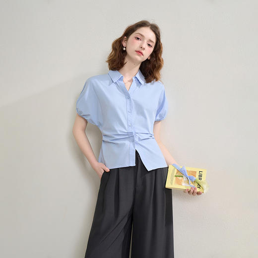 气质通勤百搭女式衬衫夏季灯笼袖收腰捏褶设计感短袖上衣V1450922 商品图2
