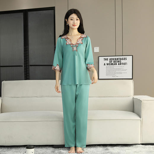 TZW-缎面睡衣女款高级感蕾丝边睡裙冰丝夏季薄款长裤套装可外穿家居服 商品图13