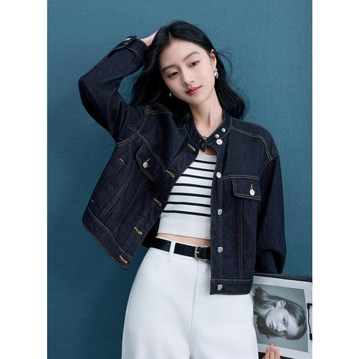 【防褪色牛仔】三彩2025秋季新款纯棉外套立领宽松落肩袖复古S 商品图1