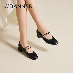 千百度粗高跟珍珠带玛丽珍鞋女真皮小香风晚晚单鞋A25468866