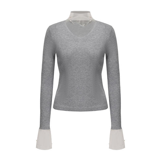 【雾都微光】珍珠点缀纱纱拼接针织上衣 商品图4