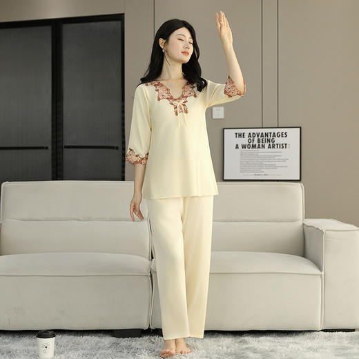 TZW-缎面睡衣女款高级感蕾丝边睡裙冰丝夏季薄款长裤套装可外穿家居服 商品图8