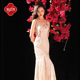 逸红颜妤婉2025夏新款刺绣蕾丝新中式修身显瘦吊带长裙鱼尾连衣裙