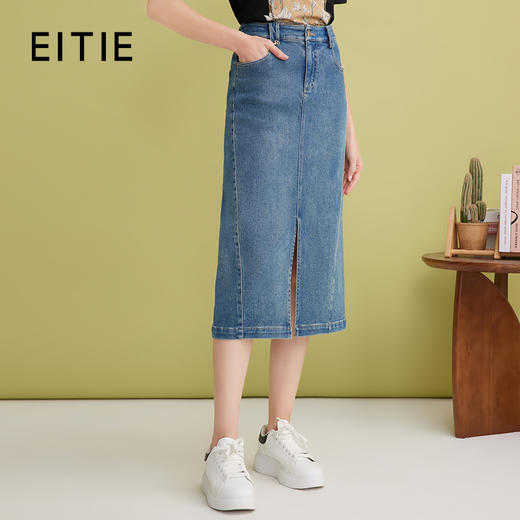 EITIE爱特爱舒适微弹高腰包臀开叉过膝牛仔半身裙2025春季新款A2506517A 商品图0