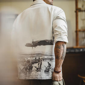 马登工装美式复古印花古巴领衬衫长袖宽松白色廓形衬衣外套男夏秋