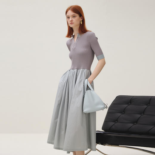 谜底连衣裙短袖女2025秋季新品气质弹力针织拼接A摆长裙253ML1213 商品图1