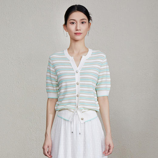 「自」全新升级【铂金会员275/天猫369/差价94】(80940)洛诗琳夏季新款V领撞色通勤百搭气质条纹镂空针织开衫女 商品图1