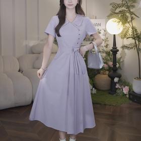 鹿向南「紫陌轻织」紫色法式连衣裙女夏季新款短袖气质收腰长裙子