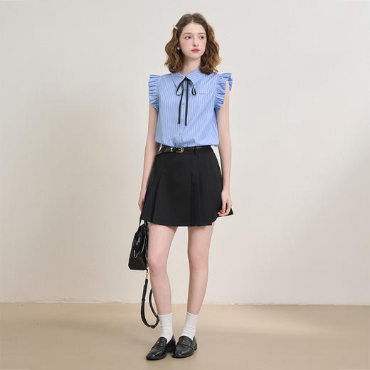 甜美学院风套装女夏季条纹飞飞袖衬衫A字百褶裙两件套V2551116 商品图1