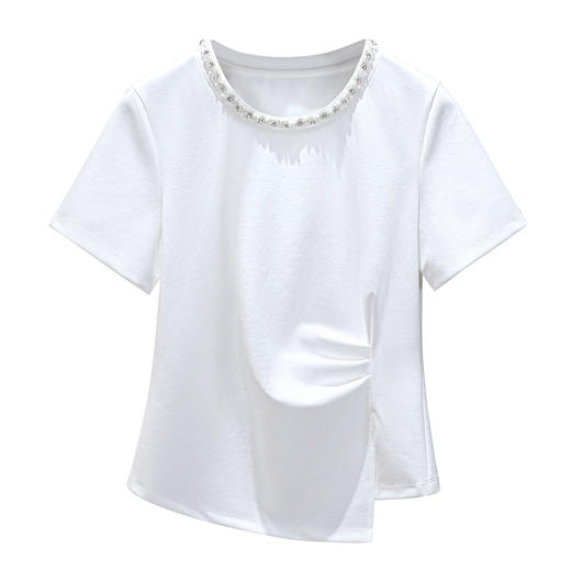 「自」全新升级【铂金会员109/天猫149/差价40】(74018)洛诗琳设计感压褶T恤2025夏季新款钉珠不规则下摆短袖上衣女 商品图4