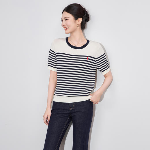 「高货wl」全新升级【铂金会员201/天猫269/差价68】(71035)洛诗琳气质小马刺绣针织T恤2025夏季兰精天丝条纹针织上衣wl71035 商品图0