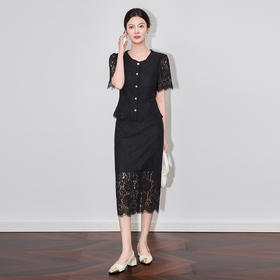 「高货wl」全新升级【铂金会员339/天猫459/差价120】(99021)洛诗琳气质小香风睫毛蕾丝上衣气质直筒半身裙两件套女