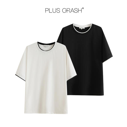 PLUS CRASH轻奢舒适领部双层撞色短T恤港风黑白纯色简约休闲T恤衫 商品图4