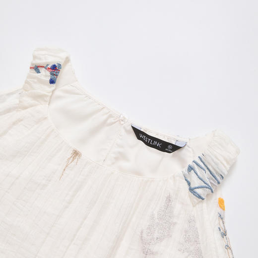 法式文艺刺绣拼接花边露肩衬衫女夏季莱赛尔宽松百搭上衣V1550968 商品图5