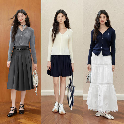 【严选】诗凡黎醋酸天丝羊毛绞花针织开衫2025秋新款老钱薄款V领长袖上衣7G7231011 商品图1