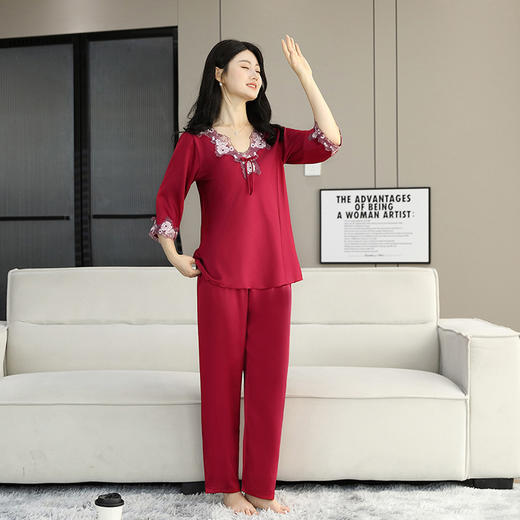 TZW-缎面睡衣女款高级感蕾丝边睡裙冰丝夏季薄款长裤套装可外穿家居服 商品图2