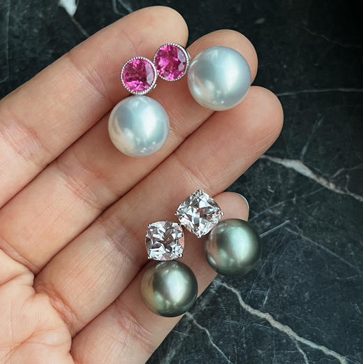 BY EVITA系列 18K镶摩根石和大溪地珍珠 耳钉 商品图3