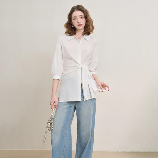 通勤气质白衬衫女夏季设计感系带收腰百搭显瘦衬衣上衣V2551113 商品图1