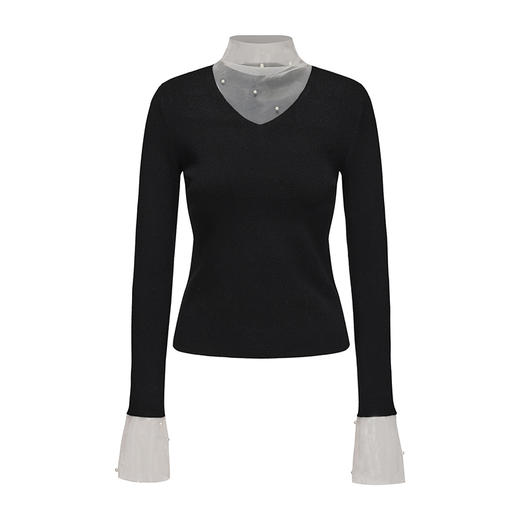 【星夜微光】珍珠点缀纱纱拼接针织上衣 商品图4