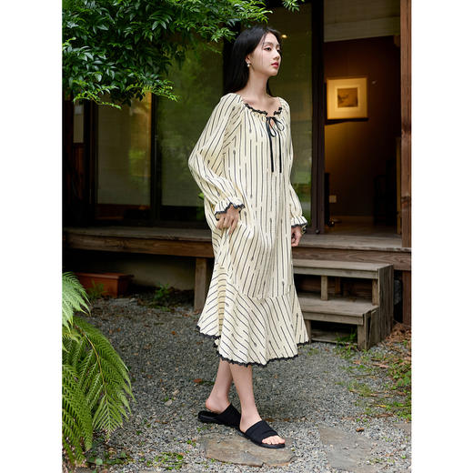 【100棉】三彩2025秋季新款家居服睡裙条纹方领长裙可外穿M 商品图3