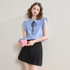 甜美学院风套装女夏季条纹飞飞袖衬衫A字百褶裙两件套V2551116 商品缩略图0