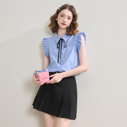甜美学院风套装女夏季条纹飞飞袖衬衫A字百褶裙两件套V2551116 商品图0
