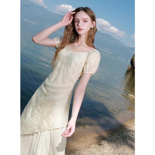 【莱赛尔】三彩2025秋季新款绣花连衣裙假两件方领长裙M 商品图3