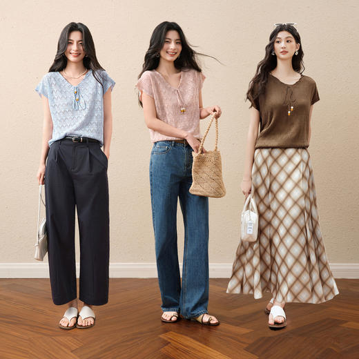 【严选】诗凡黎浪漫镂空V领系绳针织衫2025秋新款轻薄慵懒飞飞袖显瘦上衣7G7332011 商品图1