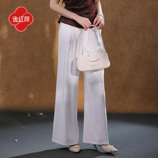逸红颜岫白2025夏季新款松紧腰文艺麻质直筒阔腿裤白色百搭西裤子 商品图2