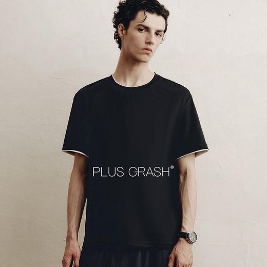PLUS CRASH轻奢舒适领部双层撞色短T恤港风黑白纯色简约休闲T恤衫 商品图0