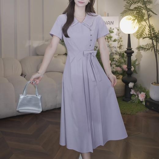 鹿向南「紫陌轻织」紫色法式连衣裙女夏季新款短袖气质收腰长裙子 商品图3