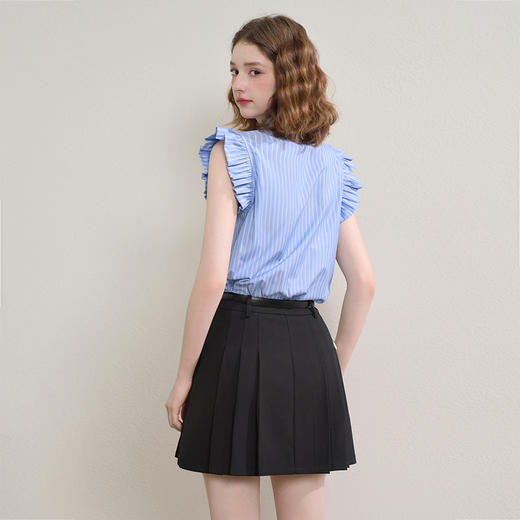 甜美学院风套装女夏季条纹飞飞袖衬衫A字百褶裙两件套V2551116 商品图4