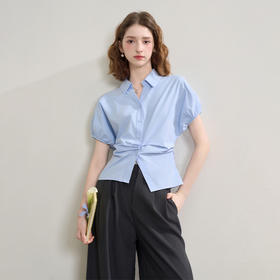 气质通勤百搭女式衬衫夏季灯笼袖收腰捏褶设计感短袖上衣V1450922