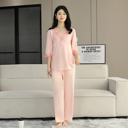 TZW-缎面睡衣女款高级感蕾丝边睡裙冰丝夏季薄款长裤套装可外穿家居服 商品图4