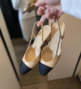 万年经典款  渠道货  经典Slingback粗跟凉鞋   双色单鞋露跟凉鞋