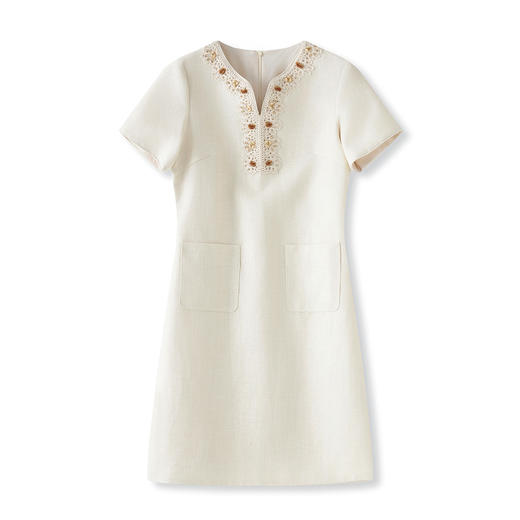 「高货wl 」全新升级【铂金会员358/天猫479/差价121】(73230)洛诗琳气质矜贵钉珠刺绣连衣裙2025夏季天丝麻小V领裙子 商品图4