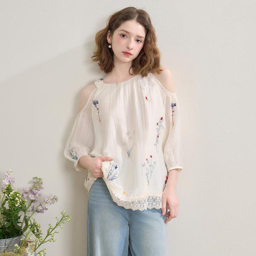 法式文艺刺绣拼接花边露肩衬衫女夏季莱赛尔宽松百搭上衣V1550968 商品图3