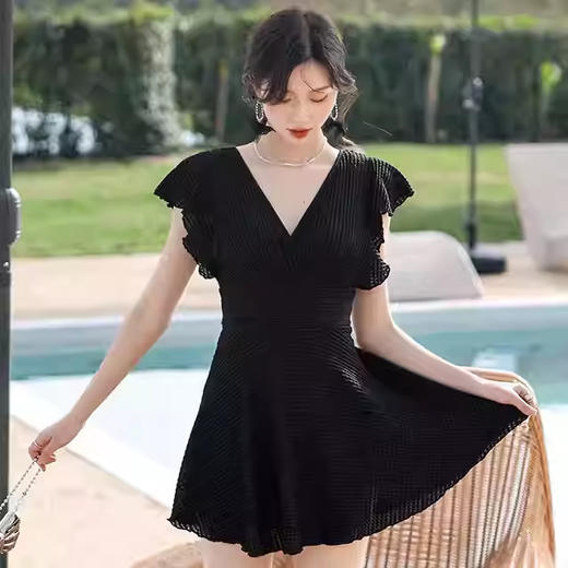 连体游泳衣女款保守裙式高级性感黑色女士加大码胖mm遮肉肚子显瘦 商品图3