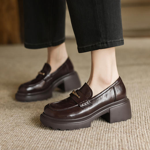 阿么手工女鞋轻便厚底真皮乐福鞋6CM高级感百搭英伦风复古小皮鞋 商品图4