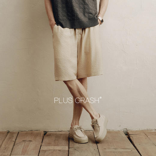 PLUS CRASH港风休闲极简设计轻薄透气亚麻短裤百搭复古夏季五分裤 商品图0