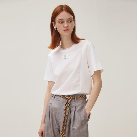 谜底白T恤短袖女2025秋季新品休闲百搭蜜蜂刺绣简约上衣253MT1157 商品图1