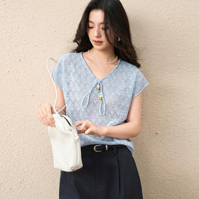 【严选】诗凡黎浪漫镂空V领系绳针织衫2025秋新款轻薄慵懒飞飞袖显瘦上衣7G7332011