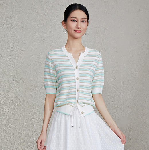 「自」全新升级【铂金会员275/天猫369/差价94】(80940)洛诗琳夏季新款V领撞色通勤百搭气质条纹镂空针织开衫女 商品图3