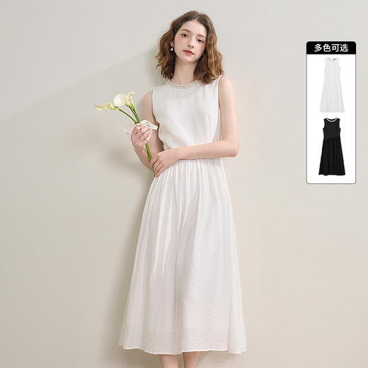 珍珠领高级感小白裙女夏季无袖气质通勤百搭连衣裙长裙V1450966 商品图0