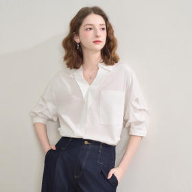 气质V领通勤白衬衫女夏季斜门襟设计感百搭显瘦短袖衬衣V0850322