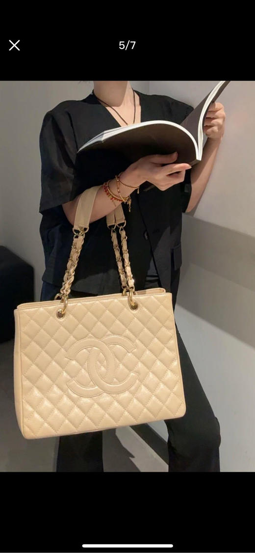 Chanel GST 荔枝纹牛皮 奶茶金 购物袋 商品图2