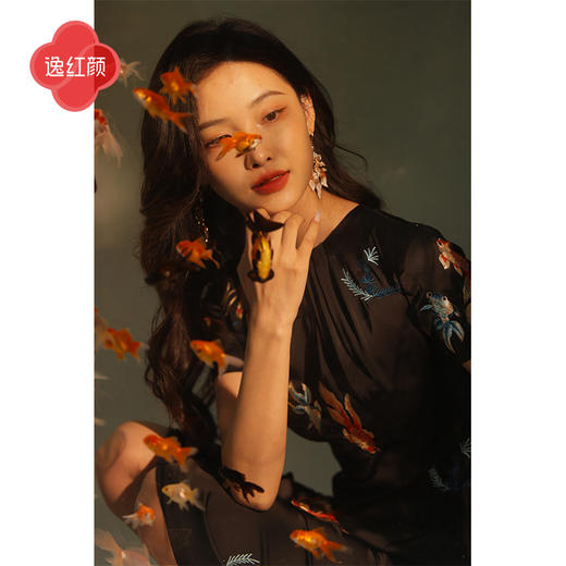 逸红颜锦秀2025夏新款送考国风锦鲤丝缎刺绣新中式连衣裙小黑裙女 商品图3