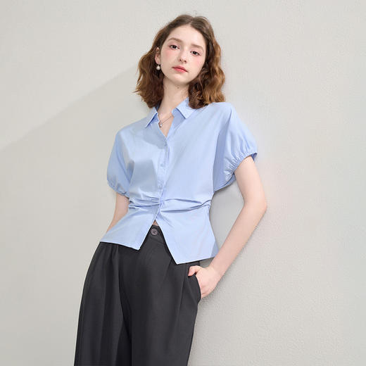 气质通勤百搭女式衬衫夏季灯笼袖收腰捏褶设计感短袖上衣V1450922 商品图4